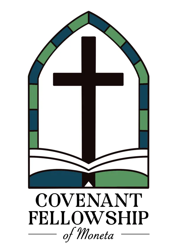 Covenant Fellowship of Moneta logo: a cross within a stained-glass arch above an open Bible